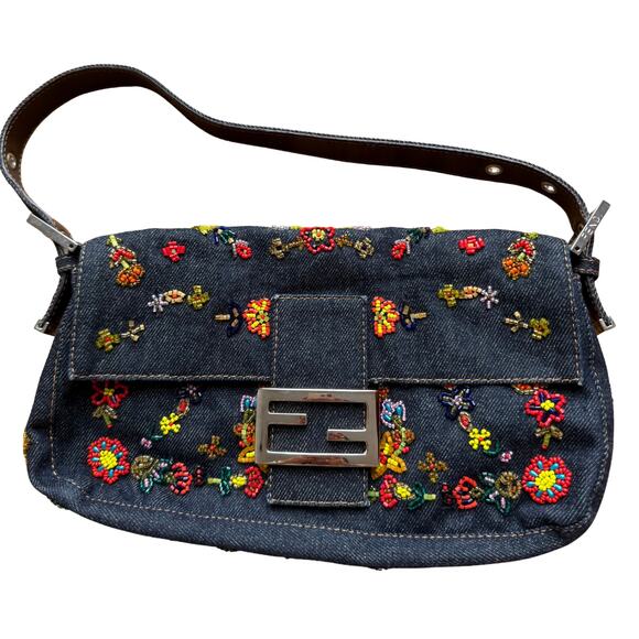Fendi Handbags - Fendi Baguette Blue Denim Flower Beaded